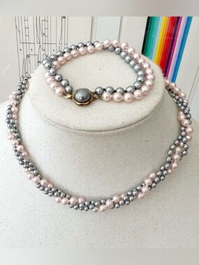 Grey & Pink Pearl Necklace & Bracelet Jewelry Set 925 Freshwater Pearls